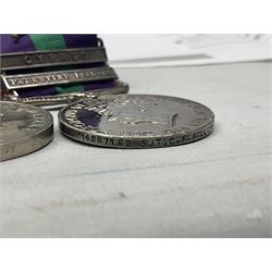 George VI General Service Medal with two clasps for Palestine 1945-48 and Cyprus and MID oak leaf awarded to 14887162 Sjt. C.F.A. Lloyd R.A.M.C. together with WW2 War Medal 1939-1945; both with ribbons; and quantity of photocopied research material including Army Records and London Gazette