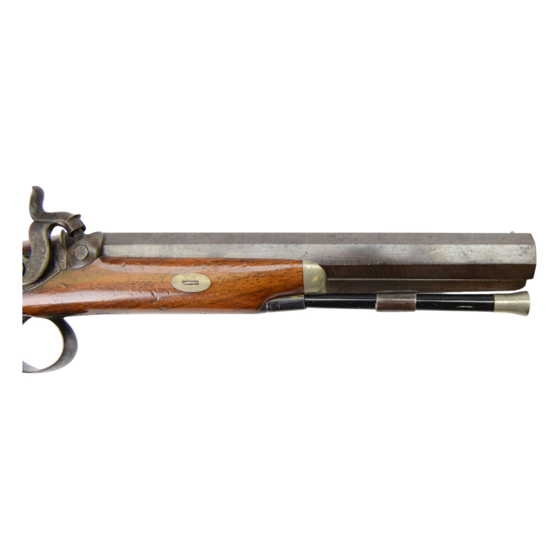 Pair of 19th century officer's duelling pistols, by William Chance & Son, with 25 bore sighted octagonal brown barrels, engraved London to the top, with gilt and platinum lines, foliate engraved tang, the back action lock plate signed and engraved with foliage, the walnut half stock, the trigger guard engraved with foliate and pineapple design, with ebony ramrods, in a brown velvet lined mahogany case, fitted with accessories including a copper pistol flask, a steel bullet mould, a tin of caps, lead balls, a cleaning rod with brass screw top