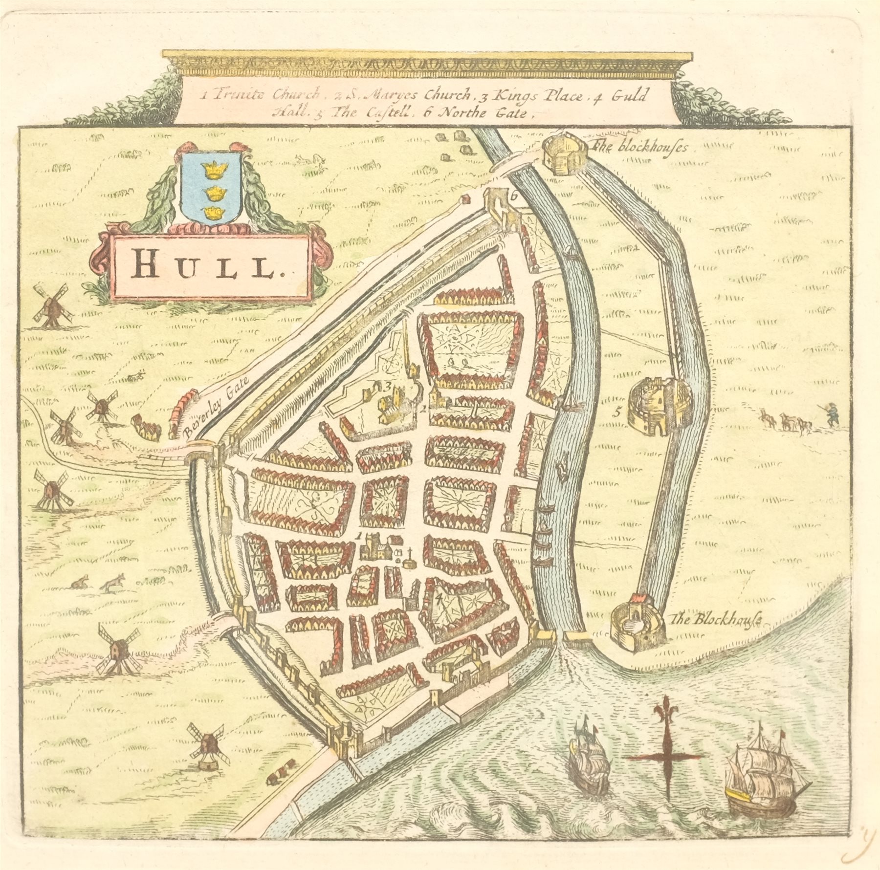 Pieter van der Aa (Dutch 1659-1733): Town Plan of Hull, hand coloured map c.1707, 14cm x 14cm