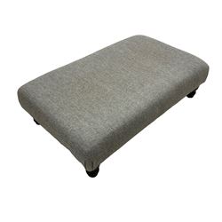 Interiors at Nine to Eleven - traditional rectangular footstool, the padded seat upholstered in neutral grey 'Harris Tweed' fabric, raised on turned feet