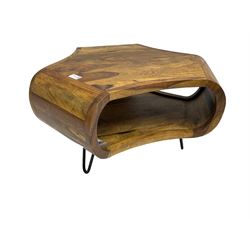 Contemporary hardwood coffee table with undertier on wrought metal supports 