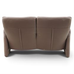 Himolla - ‘Cumuly’ lounge suite upholstered in deep aubergine leather, comprising two-seat sofa with high padded back, shaped arms and panelled upholstery (W 161cm, D 82cm, H 93cm), and three-seat sofa conforming (W 200cm, D 82cm, H 93cm)