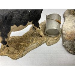 Collection of Border Fine Arts figures, comprising Exmoor Stallion A4058, Highland Mare & Stallion A2691, Welsh Cob A20804, On The Farm A0167, calf figure with bucket and figure group of cow and farmer with cat and kittens (6)