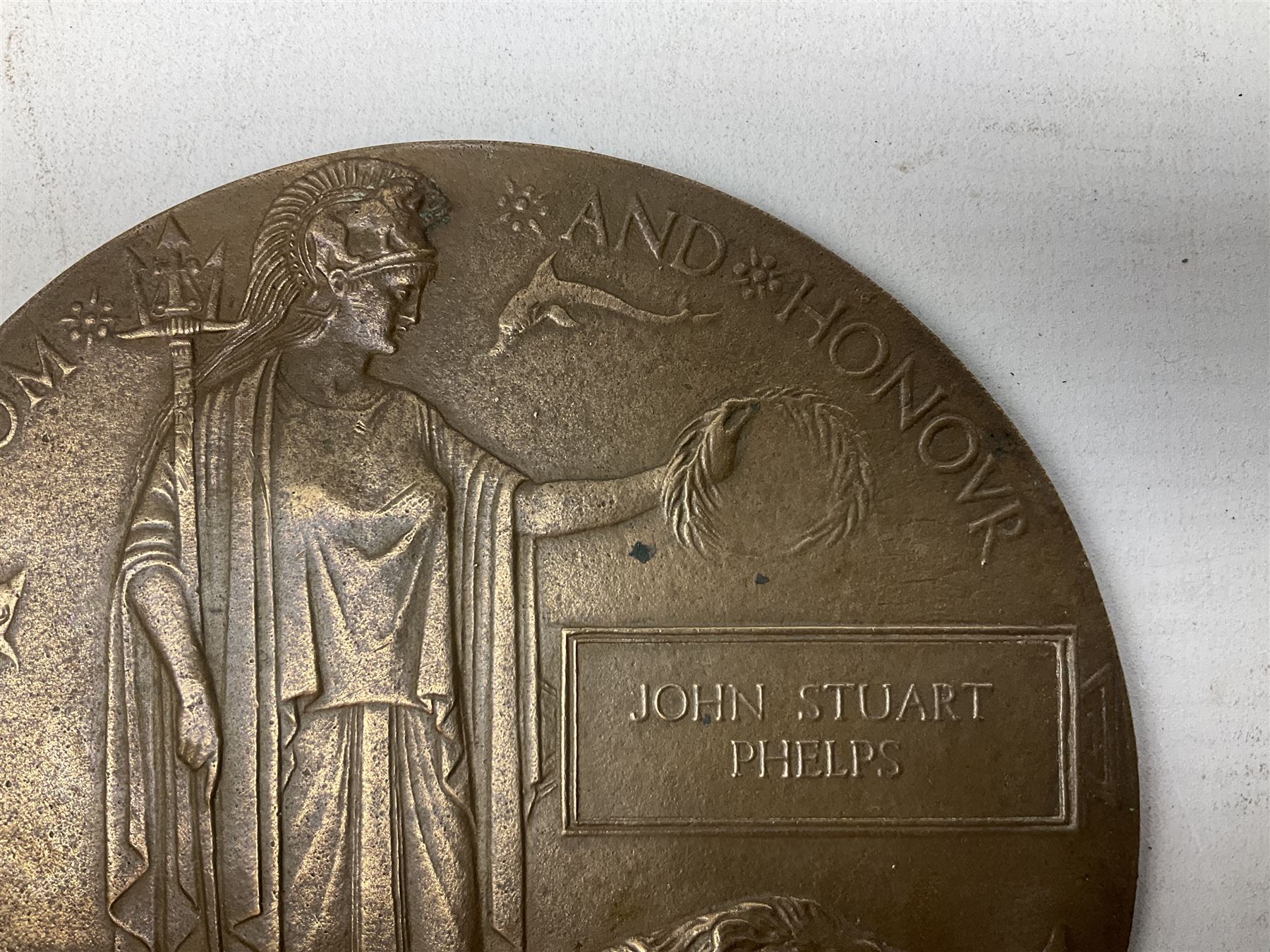 WWI bronze death plaque - John Stuart Phelps