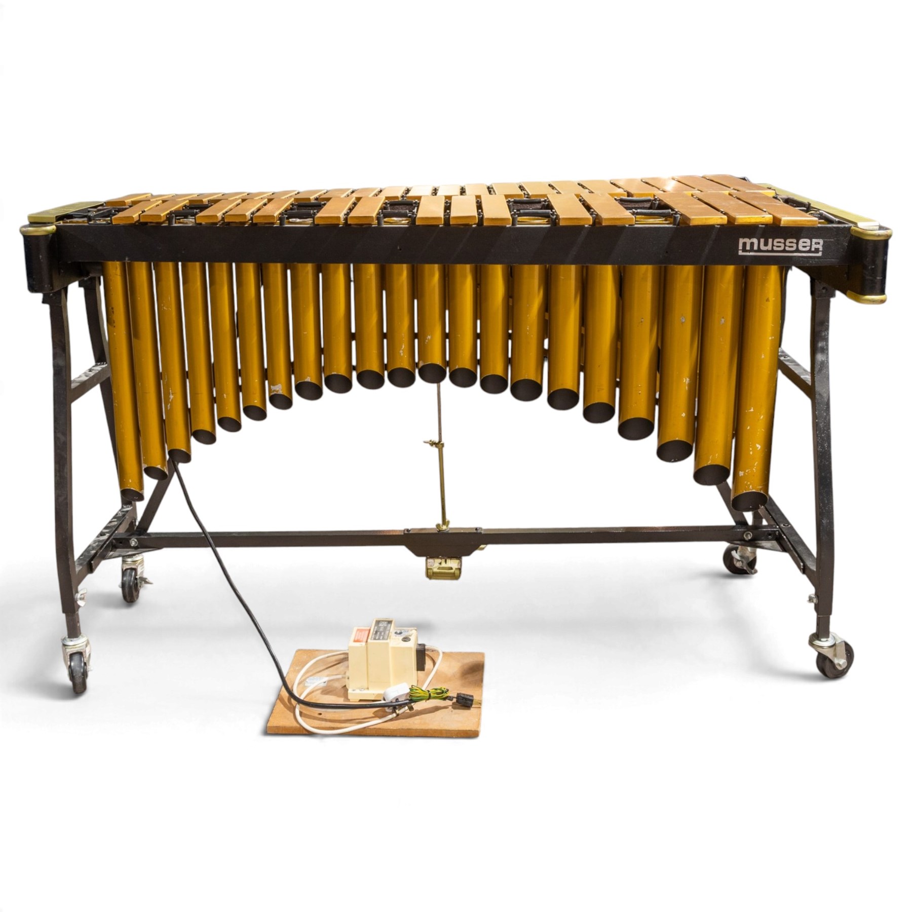Musser M55 Pro-Vibe vibraphone, serial no. B01228, with gold-finished aluminium bars, motorised resonators, sustain pedal and folding frame, with transformer, in black mushroom covers