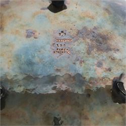 The Keswick School of Industrial Art, three stem bowl, the bowl supported upon three strapwork handles finished in leaf designs, marked beneath Keswick C196, H9cm D21cm