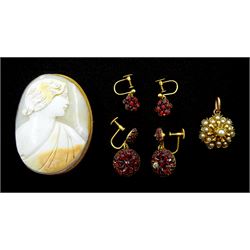 Gold cameo brooch stamped 9ct, a 15ct gold split pearl pendant and two pairs garnet cluster pendant earrings, the screw backs stamped 9ct 