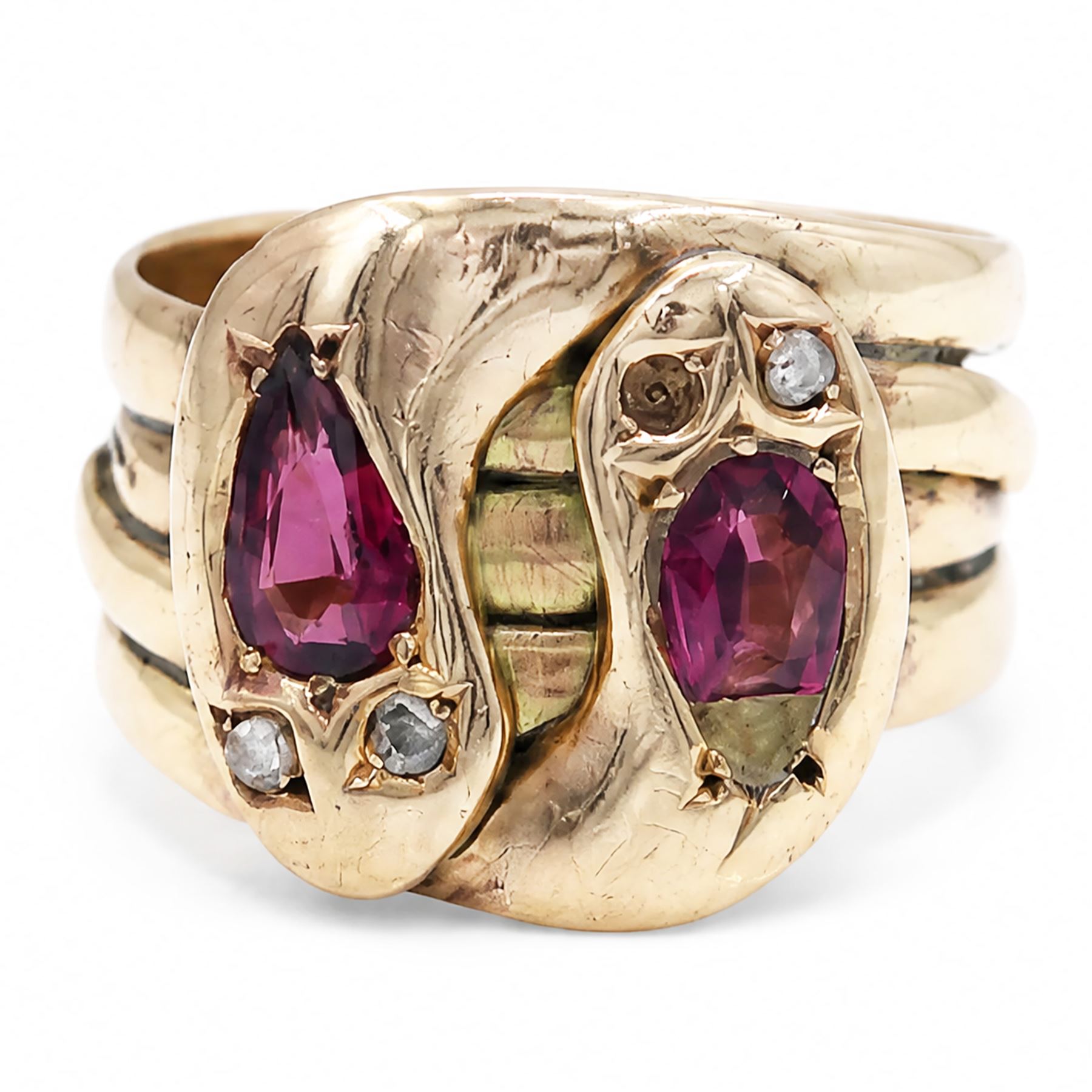 Edwardian 9ct rose gold garnet and diamond double coiled snake ring, set with rose cut diamonds and pear cut garnet, Chester 1907