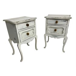 Pair of rustic French design bedside lamp tables, each fitted with two drawers, on cabriole supports