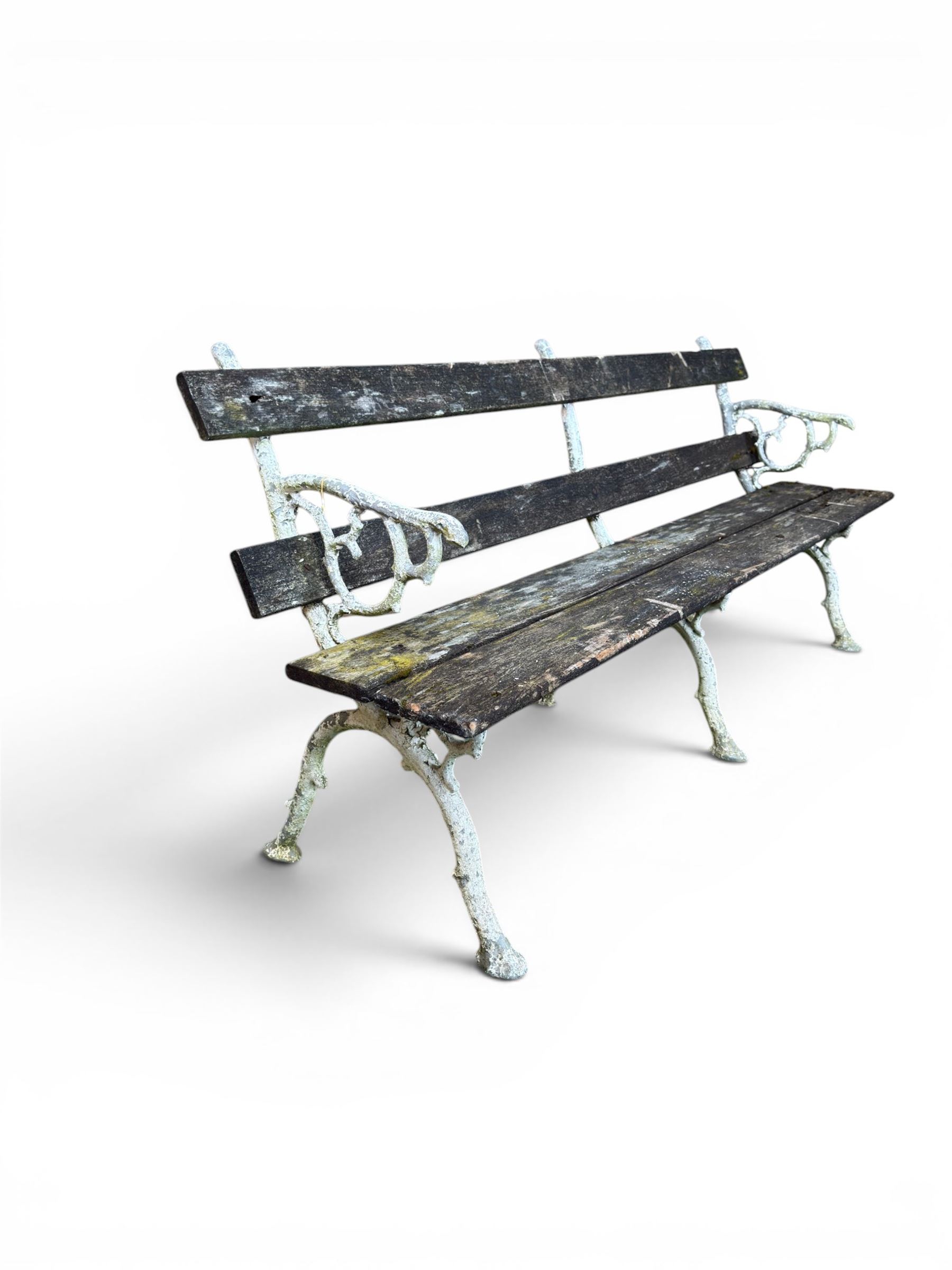 Early 20th century three section cast metal and wood slatted garden bench