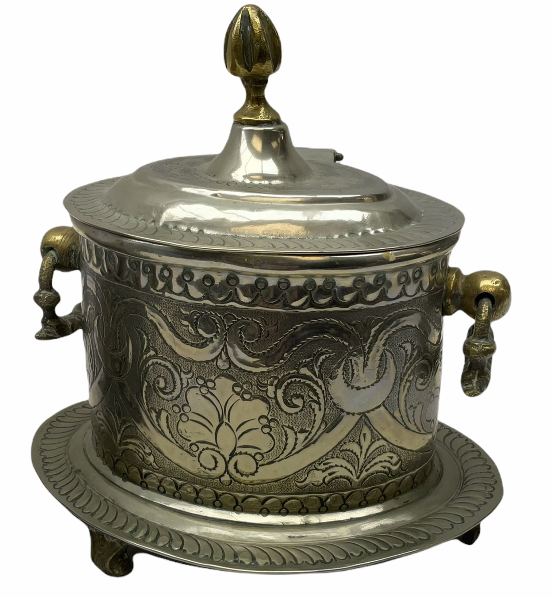 Two Georgian silver toddy ladles with baleen twist handles, (neither hallmarked), one with inset coin to bowl, together with a group of silver plate including cruet stand enclosing two glass bottles with stoppers, shaker and preserve pot with spoon, pair open salts with glass liners, etc. 