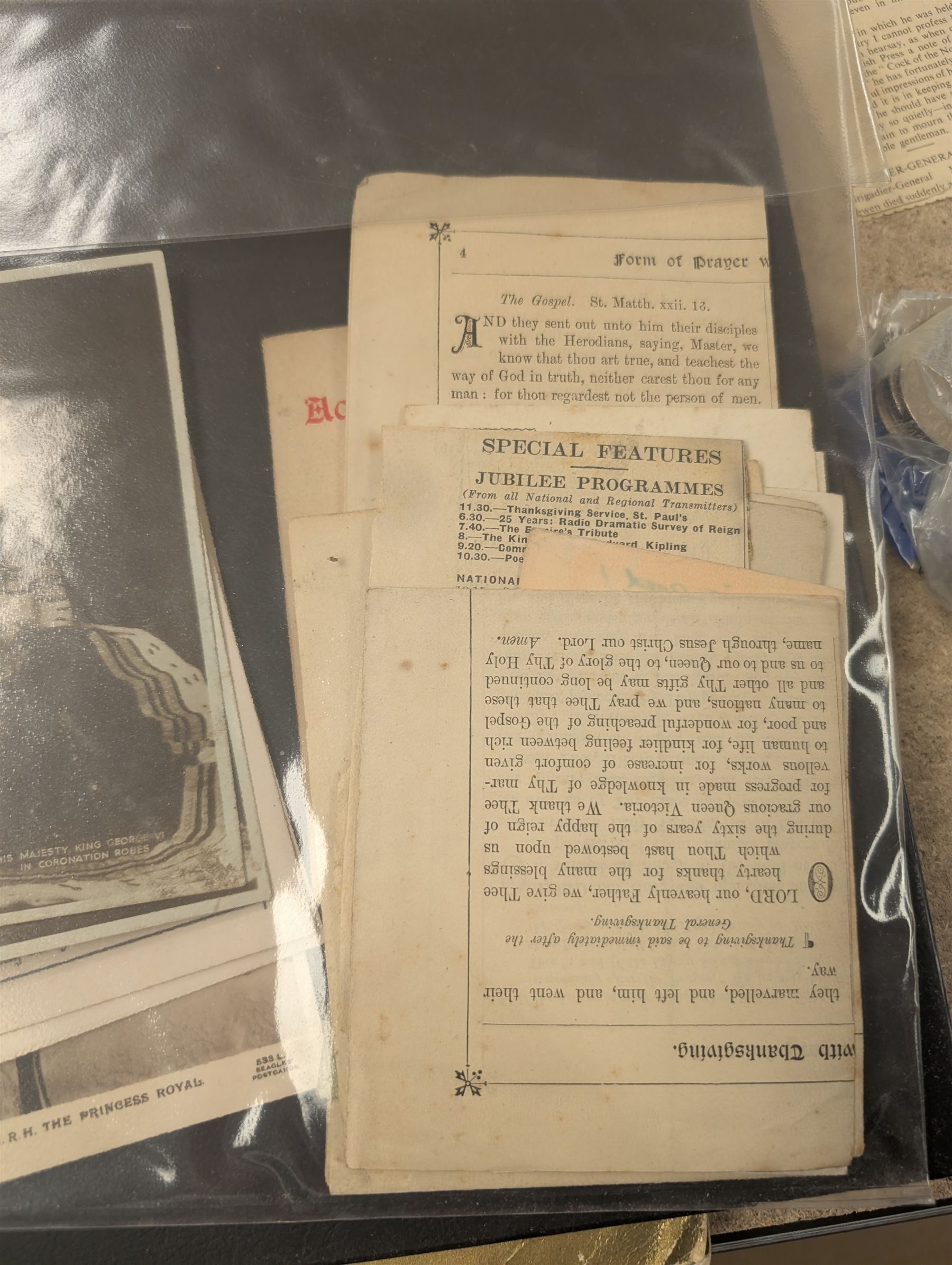 Collection of mostly Royal ephemera and commemorative memorabilia, including souvenir programmes, Royal Pedigrees, postcards, and newspaper reprints, etc, contained within a folder