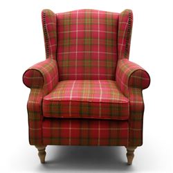 Next Home - Contemporary tartan wingback, studded wings above scrolled arms, light stained turned feet