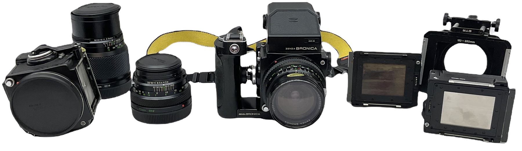 Zenza Bronica ETRS medium format camera body, AE Finder-E Model II, Zenza Bronica Zenzanon MC '1:4 f-40mm' lens, Zenza Bronica Zenzanon MC '1:4.5 f-200mm' lens,  Zenza Bronica Zenzanon MC '1:2.8 f-75mm' lens, and two film backs