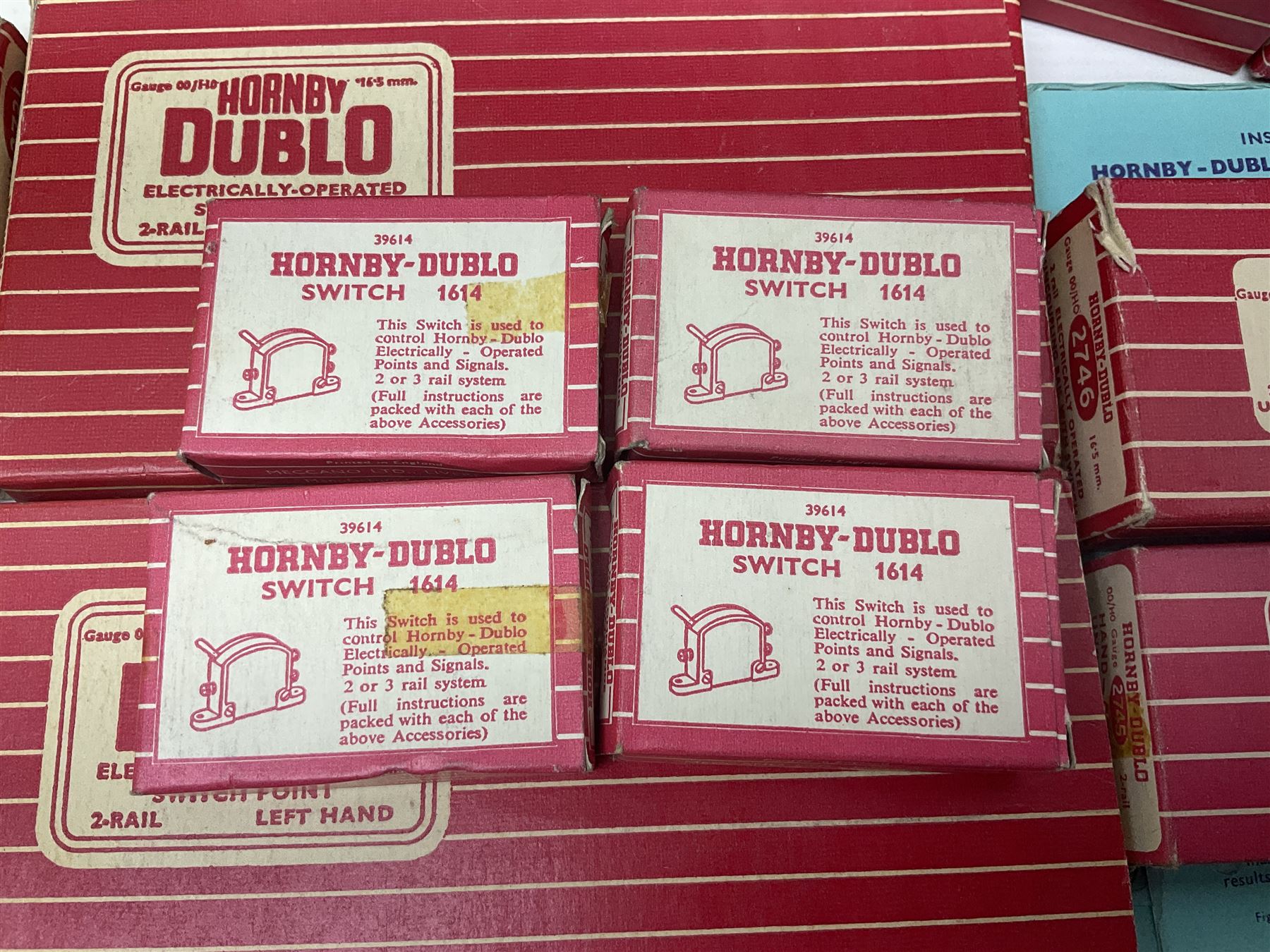 Hornby Dublo - 2-rail, 2400 TPO Mail Van Set; Engine Shed Kit - 2-Road (with additional empty box); four electrically operated switch points; uncoupling rails; buffer stops; three signals; loading gauge etc; all boxed