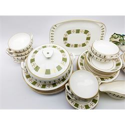 Spode Persia pattern dinner wares, comprising eight dinner plates, seven salad plates, eight side plates, seven dishes, eight twin handled soup bowls, two tureens and covers, serving platter, and sauce boat, together with four Royal Worcester Viceroy crescent shaped side plates, Masons Chartreuse pattern bowl and three graduated jugs, and Continental figure group. 
