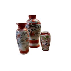 Four Imari chargers, together with three vases, largest vase H31cm