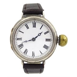 Rolex silver manual wind gentleman's wristwatch, circa 1930, white enamel dial with Roman numerals, case No. 23652, hallmarked, on brown leather strap