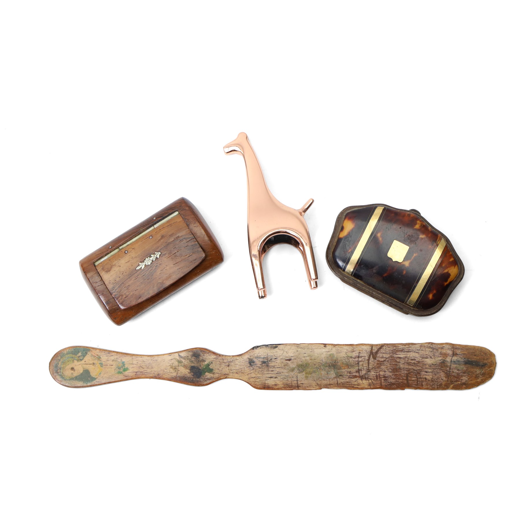 Collection of two gilt wooden wall brackets, tin money box, georgian snuff box, faux-tortoiseshell coin purse, umbra giraffe ring holder, white rabbit porcelain trinket box, opera glasses etc