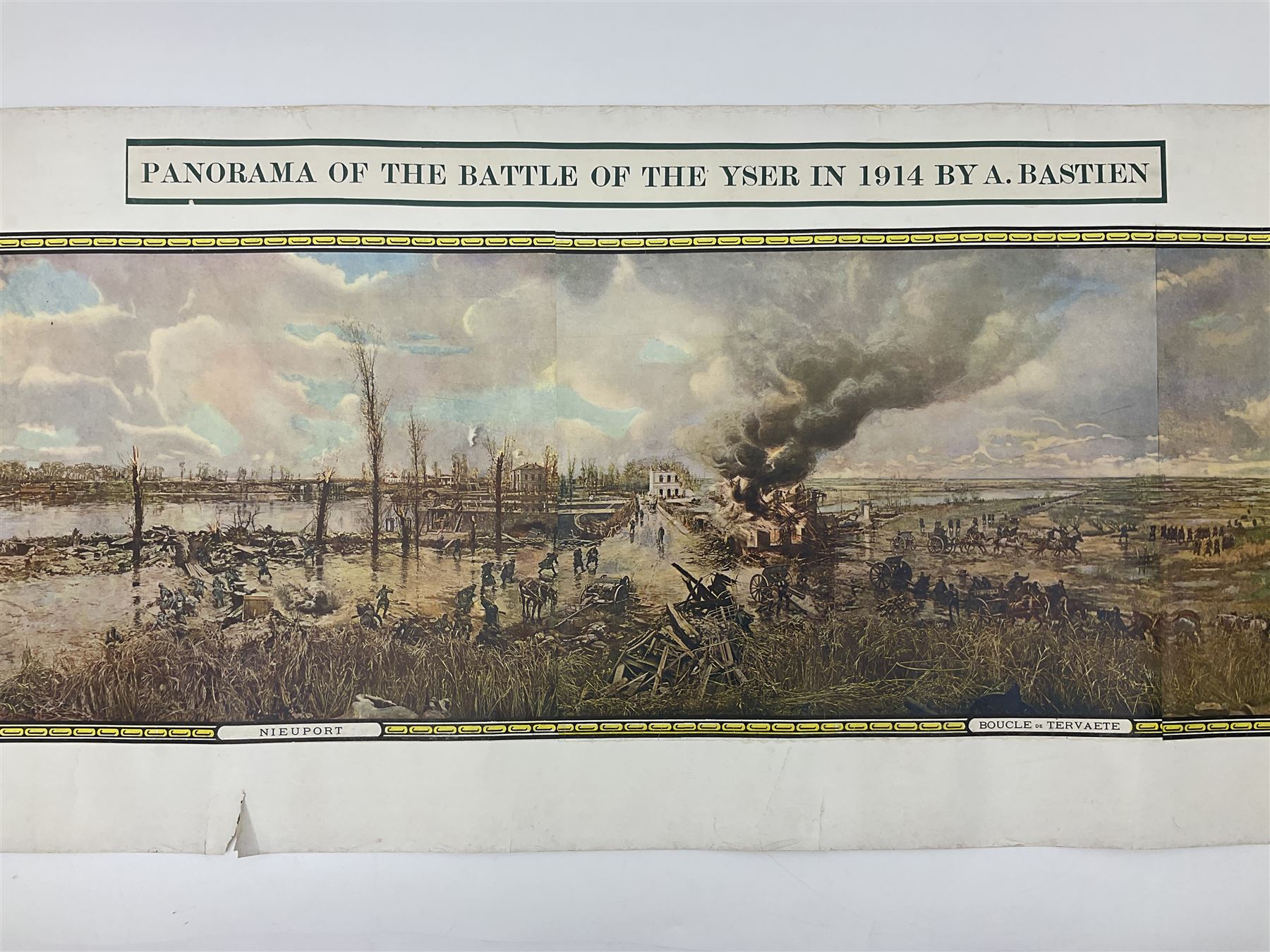After A. Bastien, very long WW1 panoramic colour print entitled 'Panorama of the Battle of the Yser in 1914' depicting Ypres, Dixmude, Boucle de Tervaete, Nieuport (2) and region des Dunes, flanked by Flags of the Allies 45 x 337cm; unframed