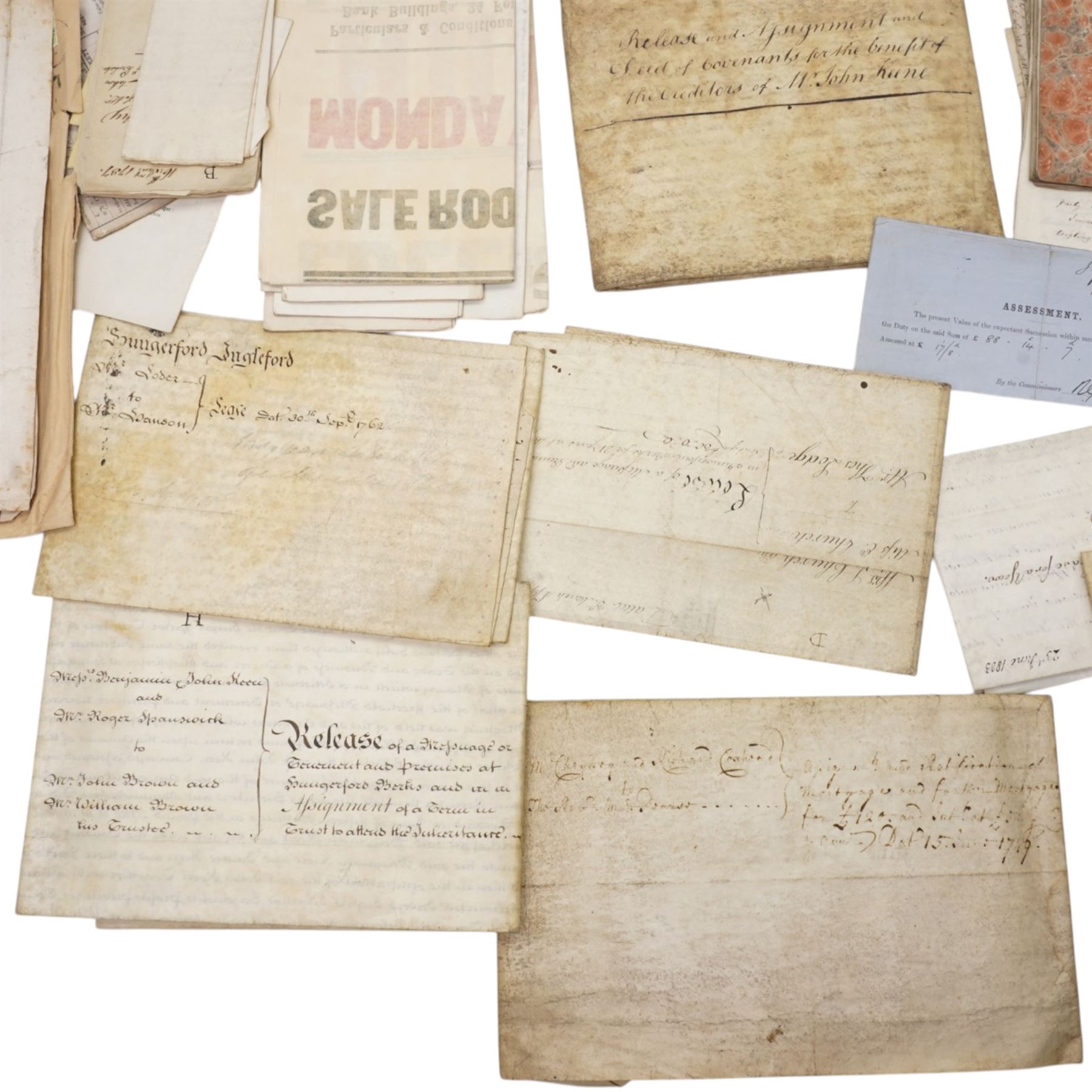 Collection of ephemera relating to the Gascoigne family of Parlington, Aberford including  various 19th century leases and conveyances, schedules of the Irish estates, 18th century appointment of church wardens at Aberford 1758 and other indentures and correspondence concerning the family and the parish of Aberford
