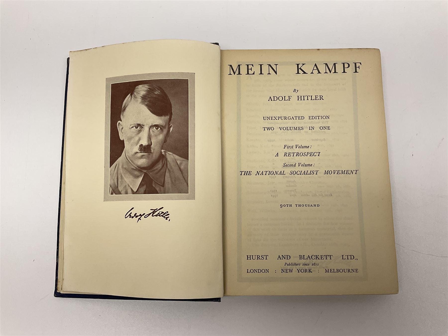 Hitler Adolf: Mein Kampf. Unexpurgated edition. Two volumes in one. 1942. English text. Blue cloth/gilt covers.