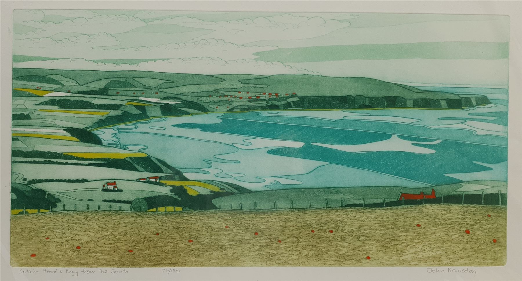 John Brunsdon (British 1933-2014): 'Robin Hood's Bay from the South', limited edition coloured etching signed titled and numbered 74/150 in pencil 31cm x 60cm with full margins (unframed)