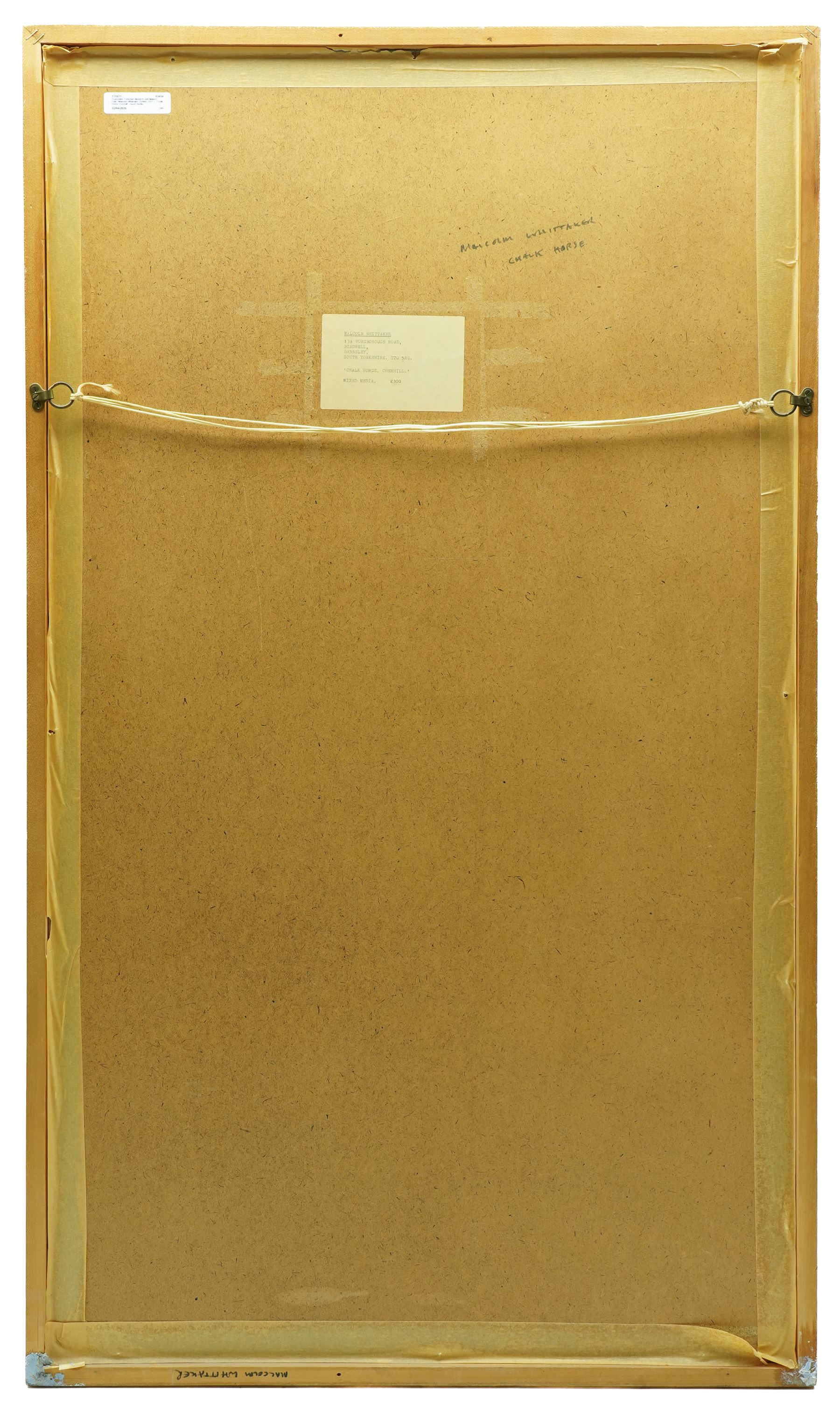 Malcolm Whittaker (British 1937-): 'Chalk Horse Cherhill', mixed media on artist-crafted board signed and titled verso with artist's address label 79cm x 38cm