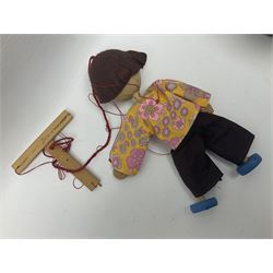 Pelham Puppet - three puppets comprising a painted wooden duck with felt mouth and wings with metal joints H12cm, in original box and instructions; and two further examples Type A cat with a hollow body H12cm, and a boy H23cm (3) 