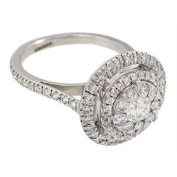 18ct white gold pave set round brilliant cut diamond cluster ring, with diamond set shoulders and gallery, hallmarked