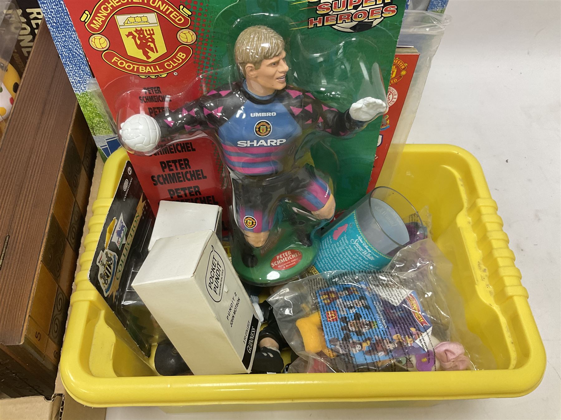 Collection of vintage and later toys and memorabilia to include Merlin’s Football sticker book, boxed child’s electric telephones, Only Fools and Horses money box, four boxed The Promenade Collection dolls etc in two boxes