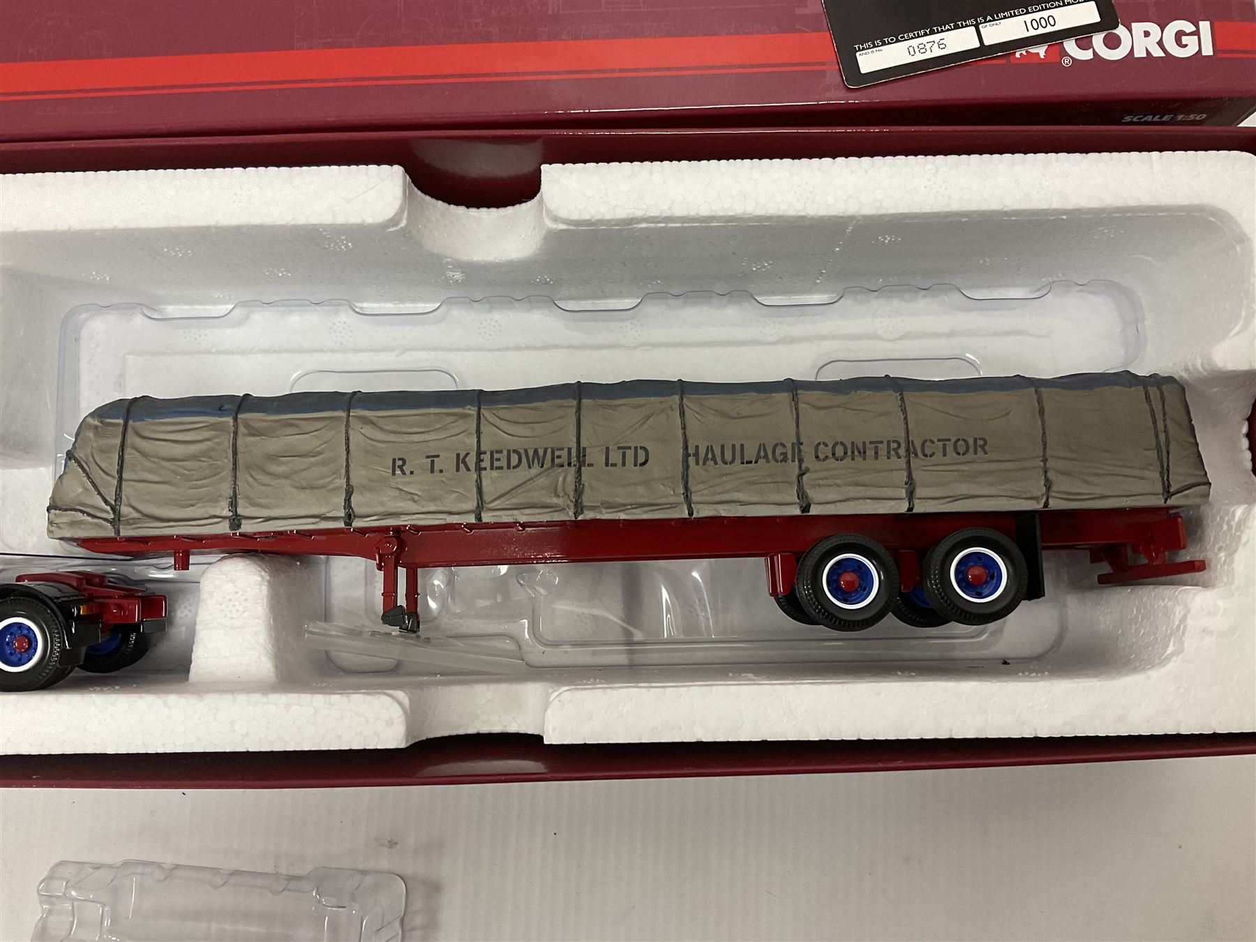 Corgi - Hauliers of Renown, three 1:50 scale models comprising CC14020 Volvo FH Curtainside - McMullan Transport Balleymoney, Co. Antrim, Northern Ireland no.820/1750; CC15006 Iveco Stralis Fridge Curtainside P. Harper & Sons Ltd - Ramsey, Cambridge, no.987/1000; CC15303 Scania 141 Canvas Load R. T. Keedwell Ltd - Highbridge, Somerset no.876/1000; all boxed 