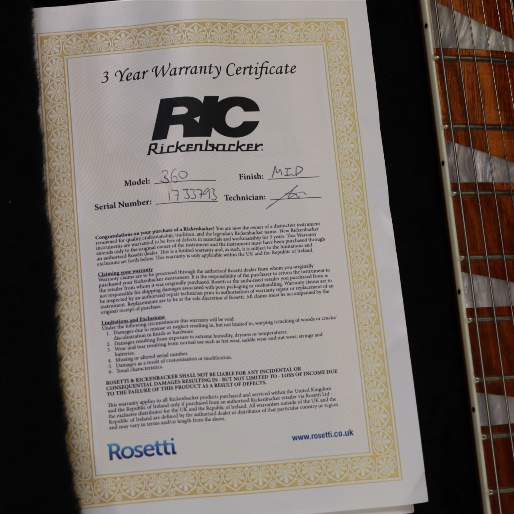 Rickenbacker model no. 360 six string electric guitar, in midnight blue finish, serial no. 33793 made in USA, circa 2017, in Rickenbacker fitted hard case with plush black interior, guitar L100cm