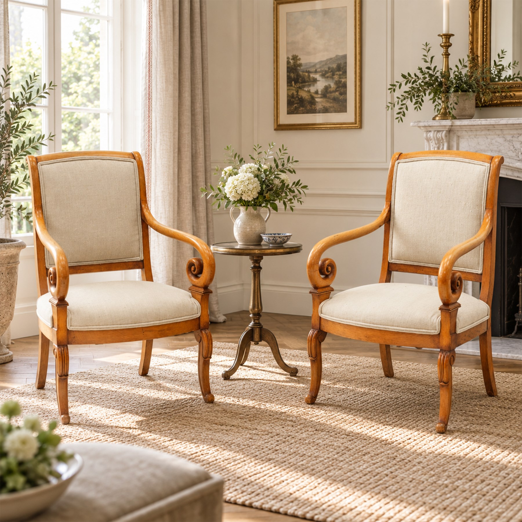 Pair of French Empire design fauteuil armchairs, high back over scrolled arm terminals, upholstered in cream fabric, on scroll carved cabriole supports