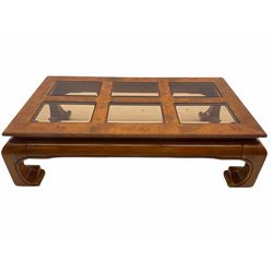 Chinese walnut rectangular coffee table, with six inset glass panels