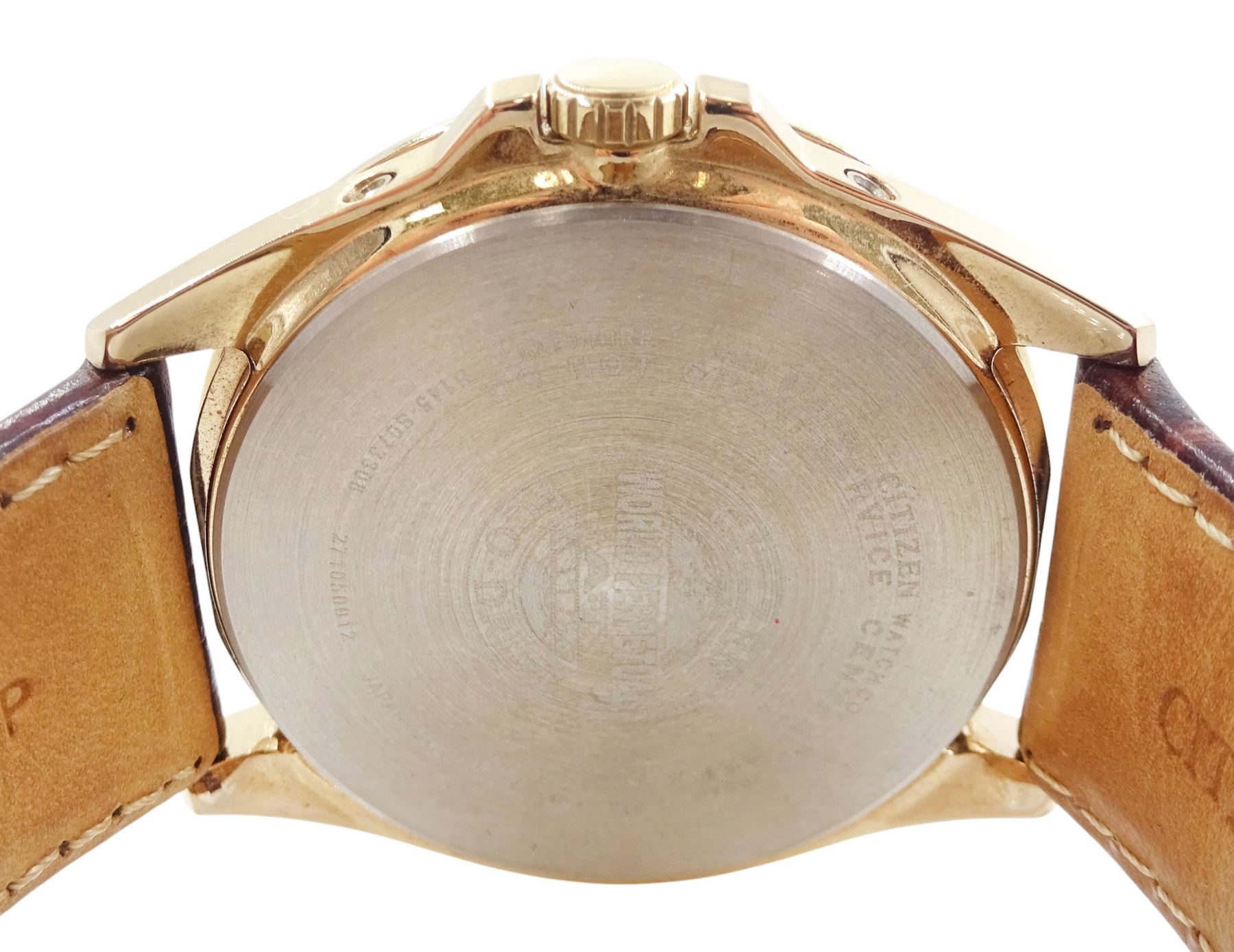 Citizen Eco-Drive Radio Controlled gentleman's stainless steel quartz wristwatch, on original stainless steel bracelet, with fold-over clasp and one other Citizen Eco-Drive Radio Controlled gentleman's gold-plated and stainless steel quartz calendar wristwatch, on brown leather strap