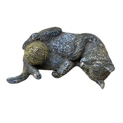 After Franz Bergmann (1861-1936): Austrian cold painted bronze figure of a cat playing with yarn, with Bergmann type mark beneath, H2cm