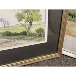 G A Townsend (British 20th century) 'The Trout Inn', watercolor signed and dated; M C W (British 20th century) The Wolds watercolor signed and dates, together with another watercolour and three landscape prints
