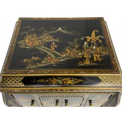 Early 20th century Chinoiserie lacquered gramophone cabinet, the lid decorated with raised gilt work, traditional landscape and figural scenes, fitted with 'Apollo' 'No. 114' gramophone, cupboards below, on cabriole supports