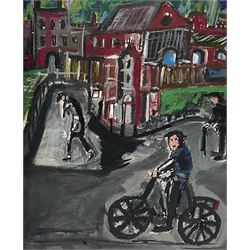 Pete Dimmock (Northern British Contemporary): 'Street Cute Dog Cat Kids!' and 'Street People Dog Industrial Kids', pair watercolours signed together with Northern British School (Contemporary): 'Salford Alleys' and 'Salford Bike Ride', oil on canvas and oil on board respectively signed indistinctly by the same artist max 30cm x 25cm (4)