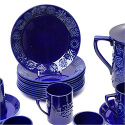 Portmeiron 1960s Totem blue pattern coffee service, comprising coffee pot, ten cups and nine saucers, two sucriers, milk jug and ten side plates 
