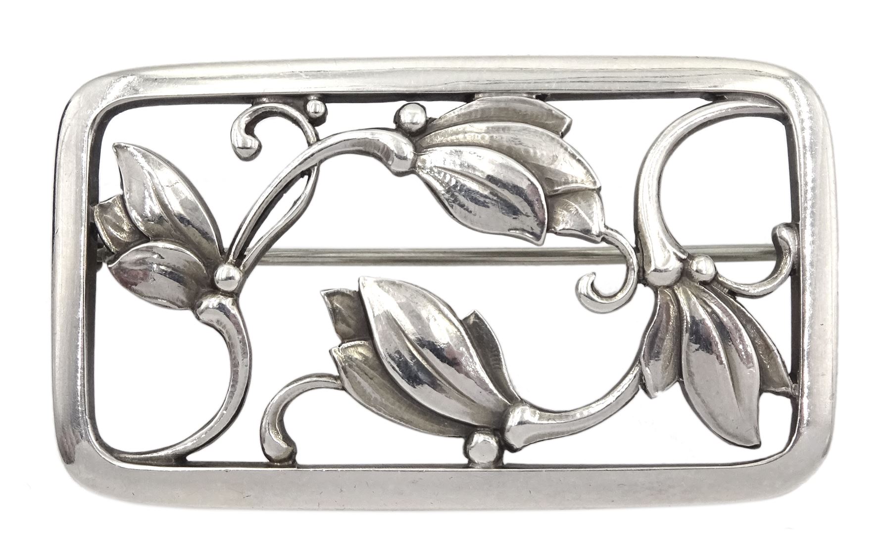 Georg Jensen silver floral brooch No. 295, London import marks 1959, in modern box