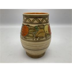 Crown Ducal vase by Charlotte Rhead, decorated with oranges and lemons, together with a Crown Ducal bowl decorated with lowering branches and birds upon brown ground, bowl D25cm