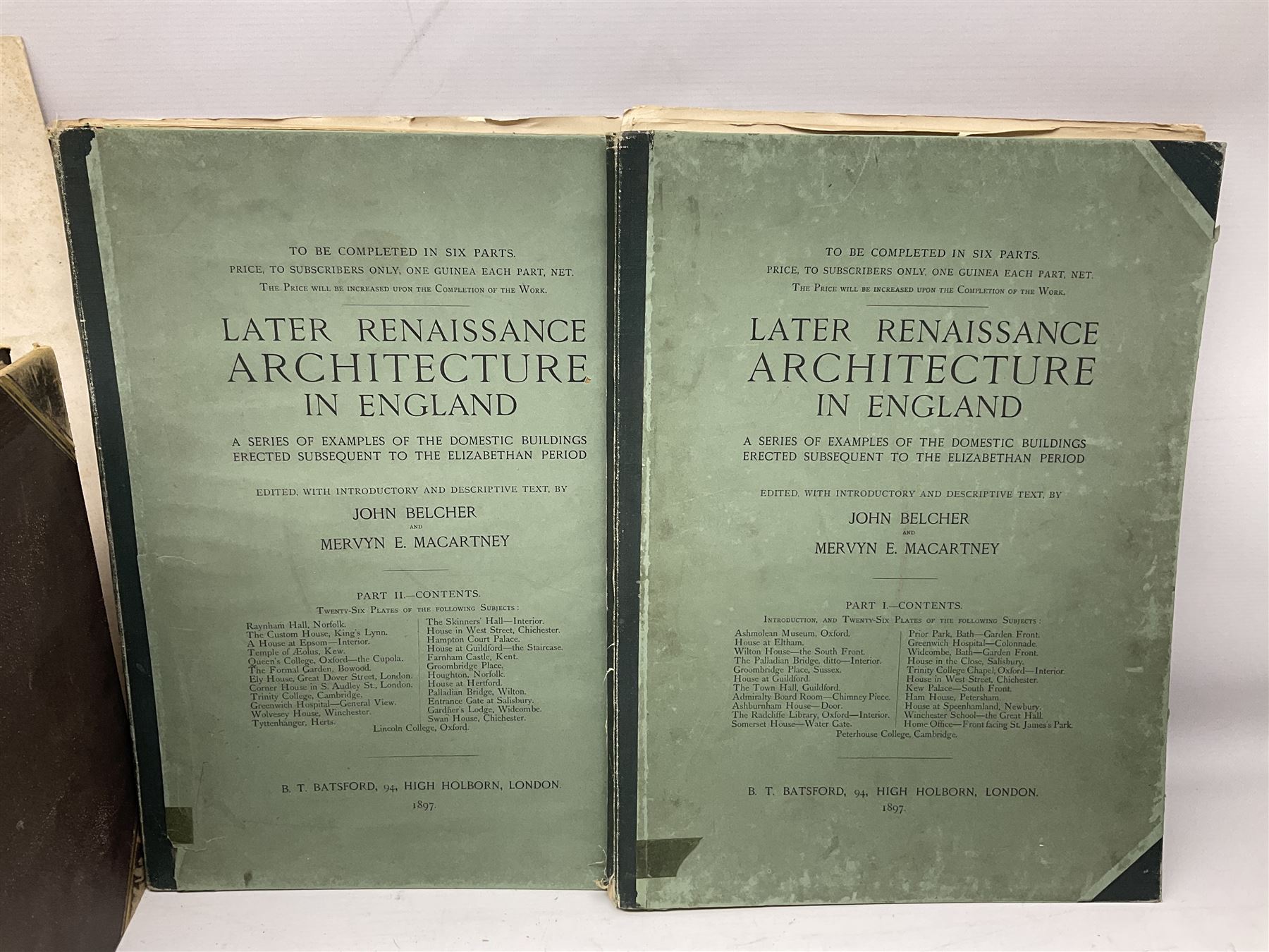 Belcher & Macartney: 'Later Renaissance Architecture in England', london Batsford, in six parts of loose folio form including plates and photographs, Twelve volumes of The Wren Society architectural books, and other architectural books and folios  