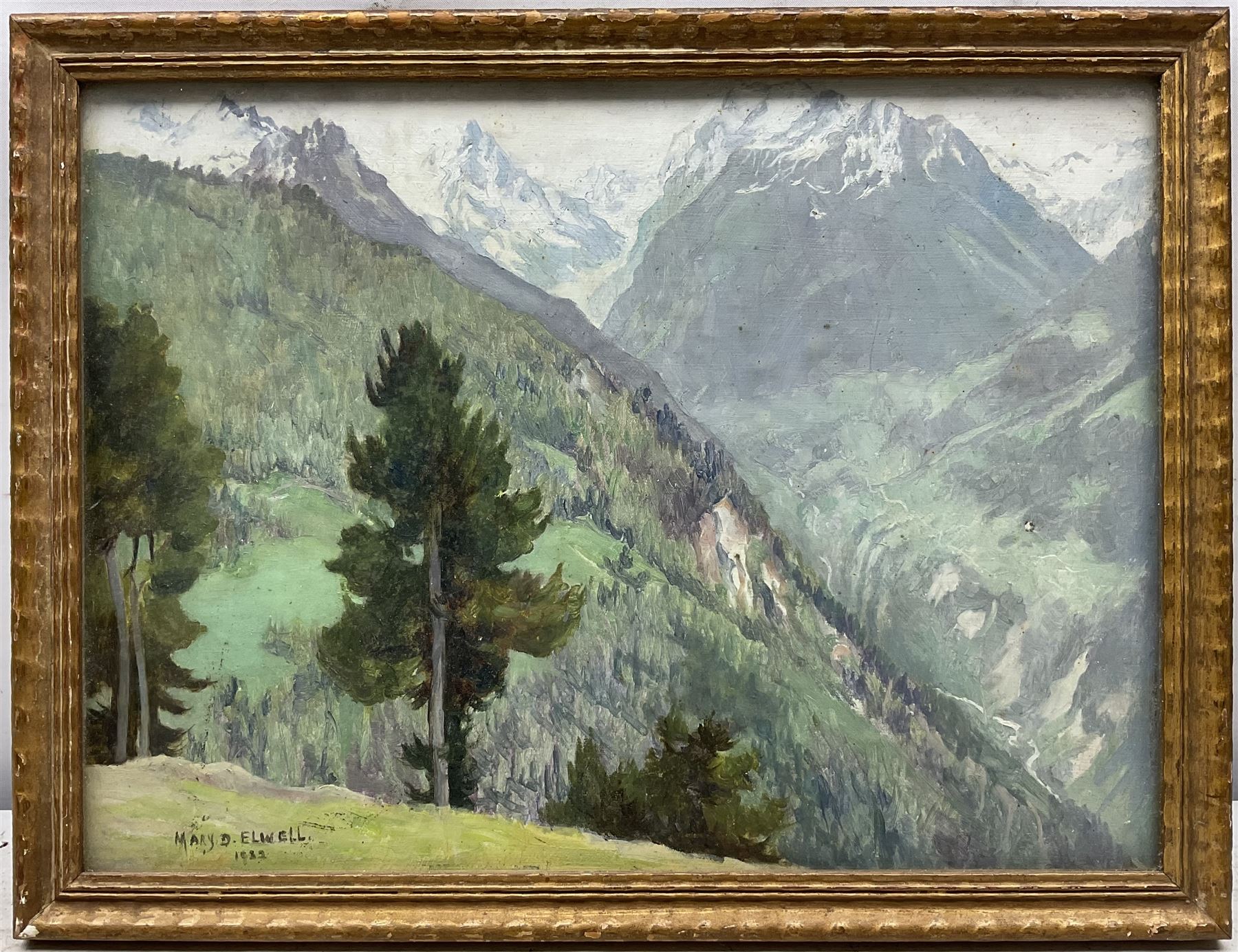 Mary Dawson Elwell (British 1874-1952): 'The *** from Chandolin Val d'anniviers Valais', oil on panel signed and dated 1932, original title label with artist's address verso 26cm x 35cm