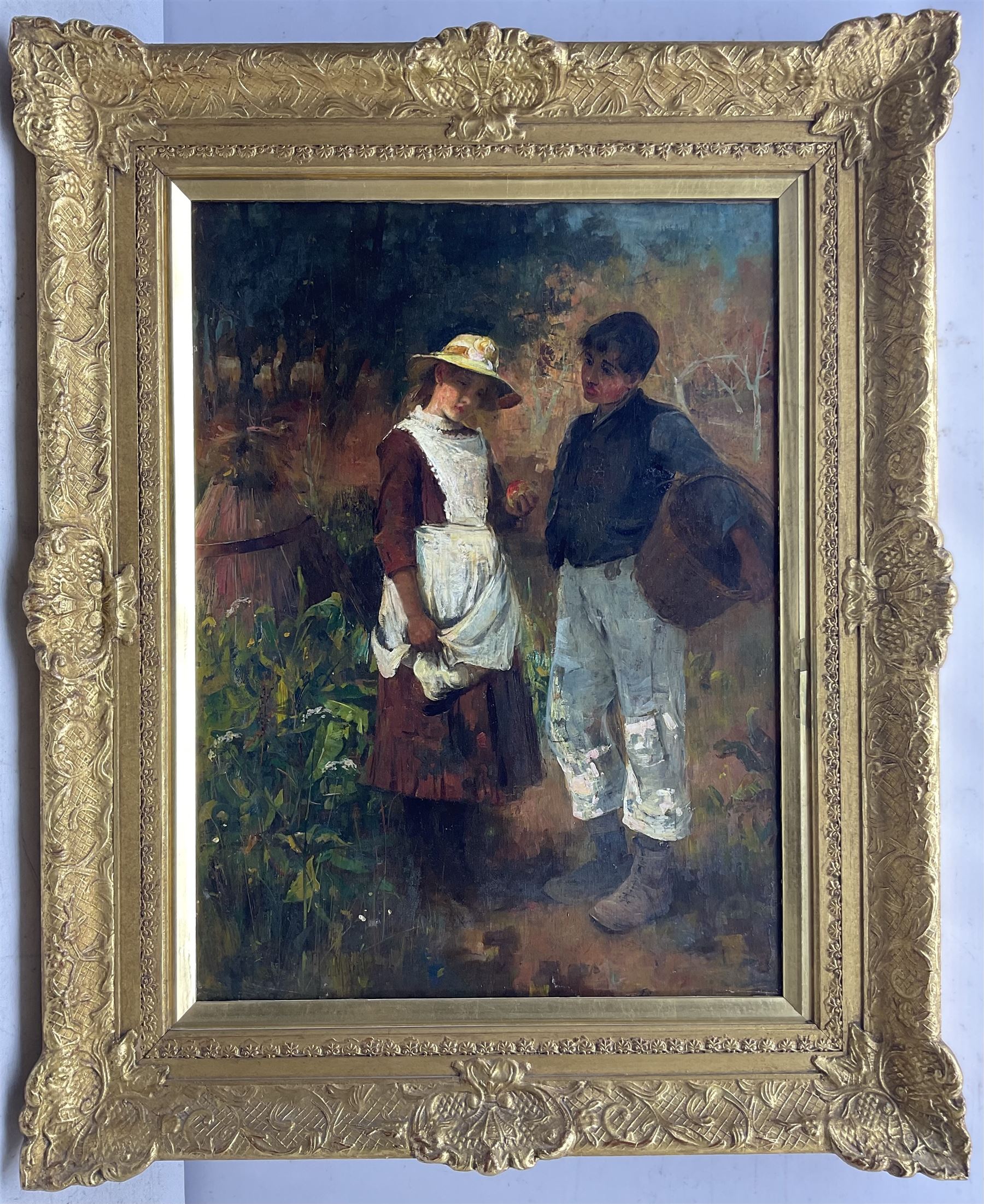Flora MacDonald Reid (Scottish 1861-1938): 'Love's Young Dream', oil on canvas signed, original title label verso 60cm x 44cm