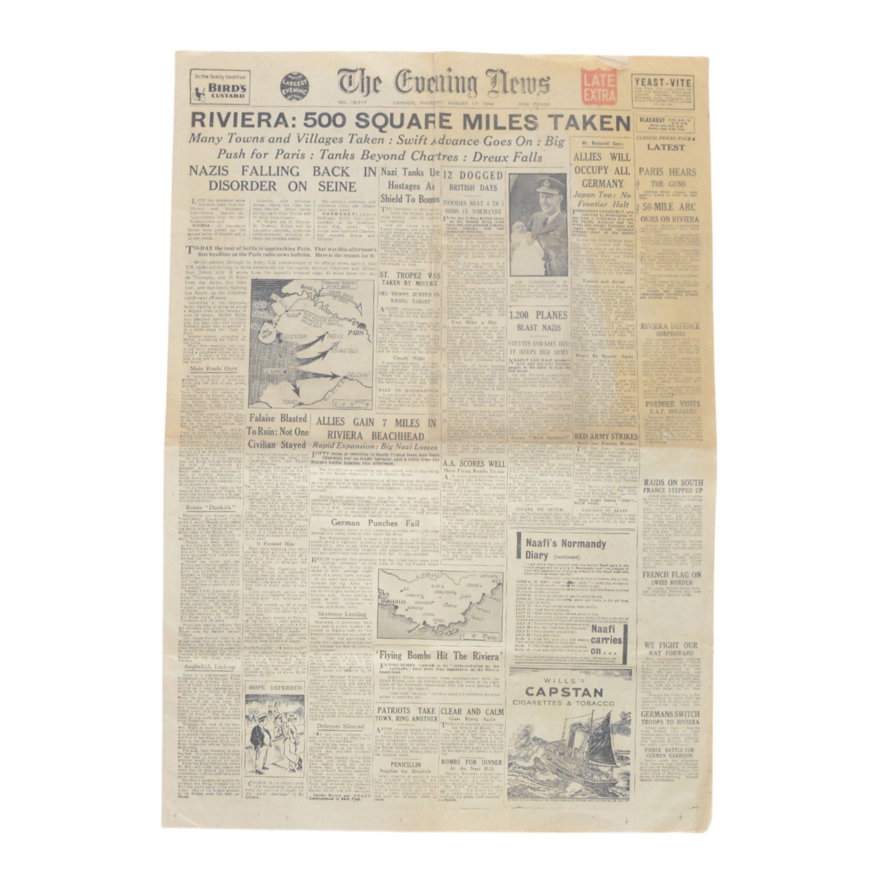 Newspaper: The Evening News, Thursday August 17 1944, Riviera: 500 Square Miles Taken 