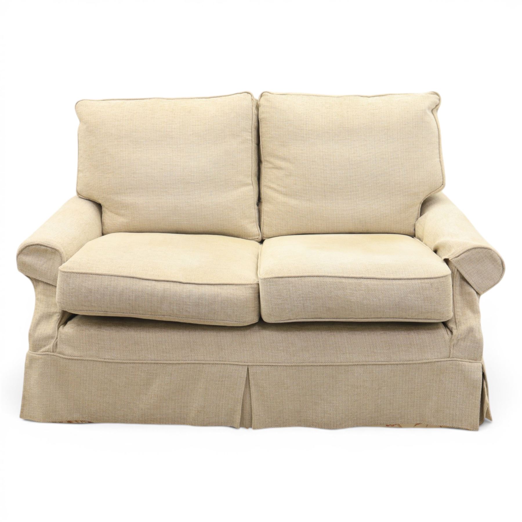 Wesley Barrel - two seater sofa and matching armchair,with scrolled arms and loose cushions, beige chenille fabric, raised on castors  (Armchair: H 100cm, D 100cm, W 87cm)