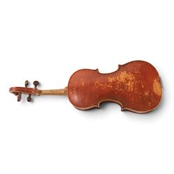 Early 20th century violin, interior label reading 'Copy of a Antonius Stradivarius Fecit Dresdae Anno 18, made especially for Harry Wood of Wakefield', for restoration, contained within hard case