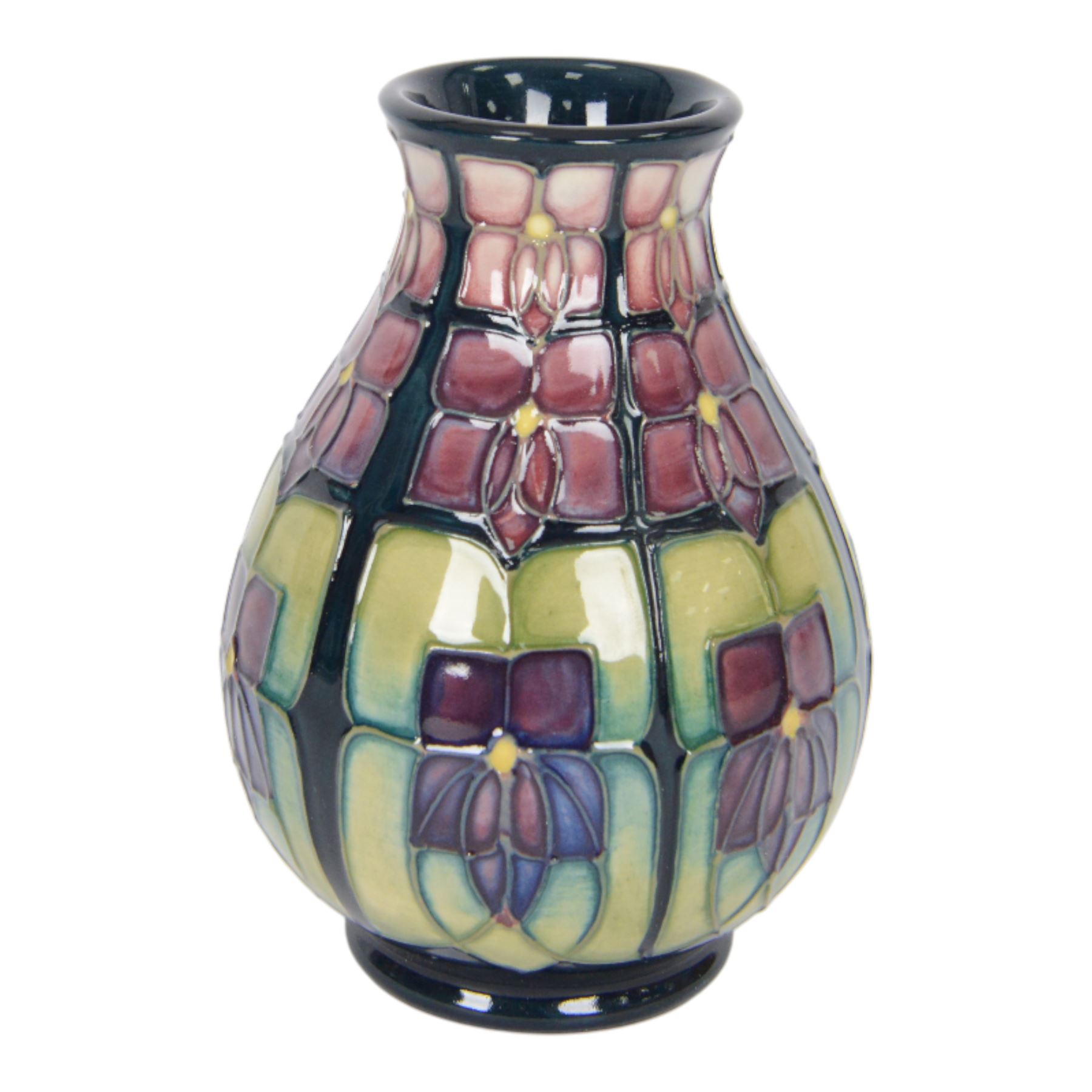 Two Moorcroft vases, in violets pattern, with original boxes, bud vase H17cm